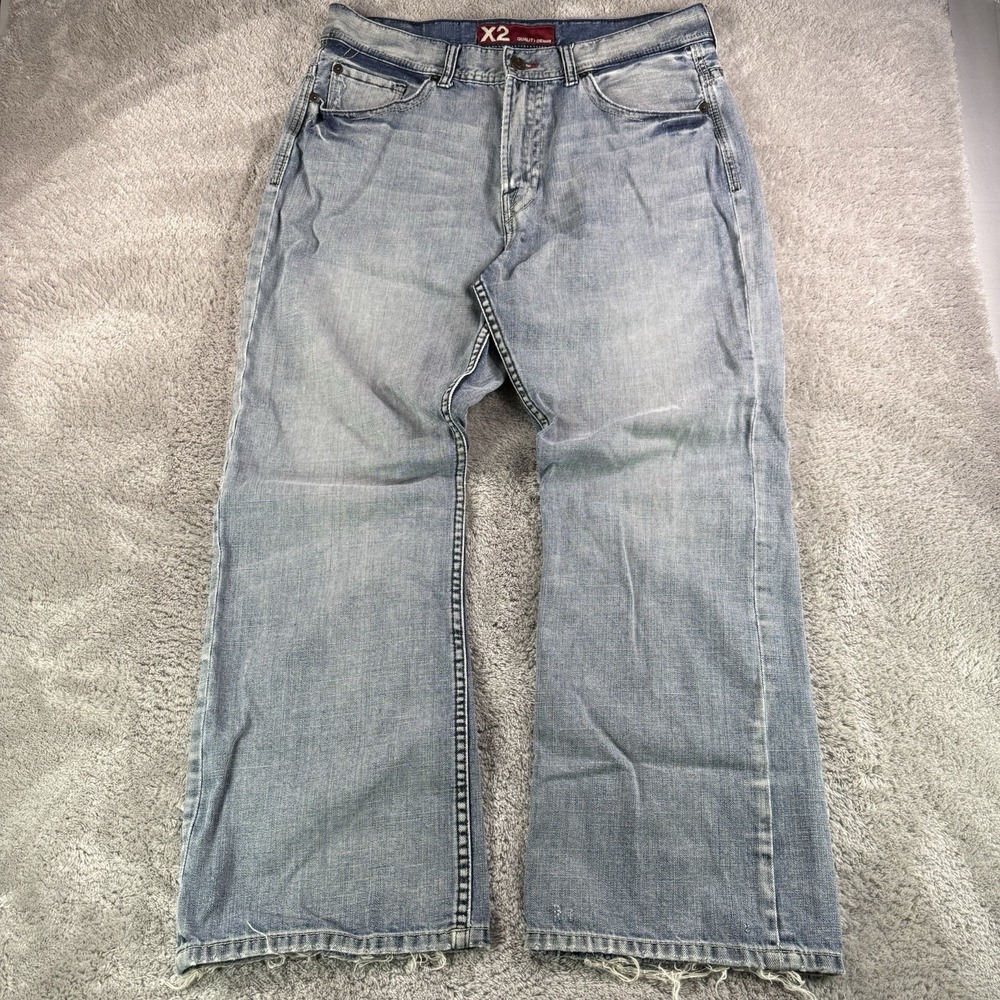 X2 Vintage Y2K M42 Loose Bootcut Jeans Mens 36x30 Light Wash Denim Distressed